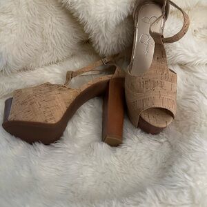 Tan Platform Sandals with Chunky Heel and Ankle Strap